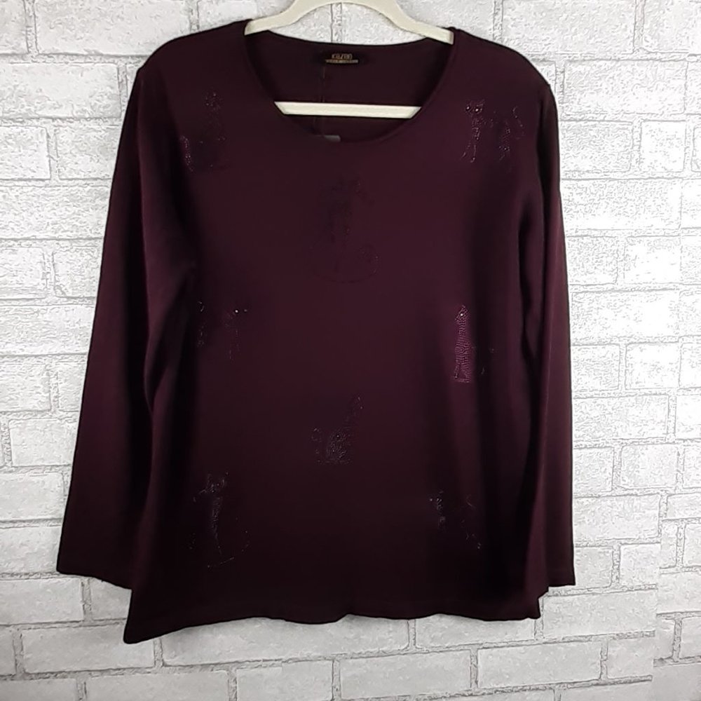 Burgundy Crew Neck Sweater With Little  Cats